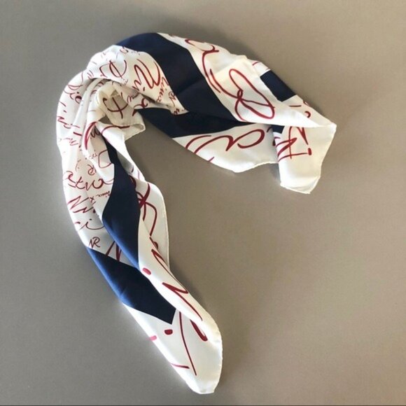 NINA RICCI Silk Ivory Red Navy Border Square Scarf with Logo Writing - Picture 5 of 8